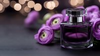 Luxury purple perfume bottle with elegant glass design surrounded by violet ranunculus flowers and golden bokeh lights on dark background for beauty advertising.