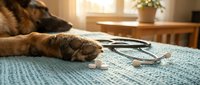 Tabby cat paw resting on woven carpet near stethoscope and medical tools, veterinary care and pet health concept for animal clinics and wellness services.