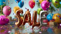 Metallic foil balloon letters spelling SALE with colorful party balloons and confetti on blurred background for promotional and marketing designs.
