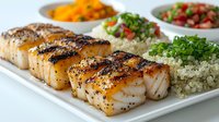 Grilled sea scallops with caramelized glaze served on white plate alongside quinoa, fresh mango salsa and tomato herb garnish for restaurant menu presentation.
