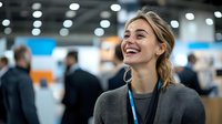Young Caucasian businesswoman with blonde hair laughing genuinely at conference or trade show, wearing grey sweater and event lanyard against blurred crowd background.