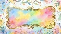Watercolor rainbow pastel background with gold ornate frame, colorful floral elements, confetti, and stars for greeting cards or invitations.