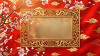 Golden ornate rectangular frame on red silk fabric with cherry blossoms and traditional Asian patterns for luxury design projects and cultural celebrations.