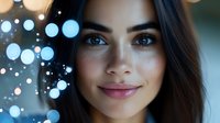 Young woman with glowing smile against blurred bokeh lights background creating magical dreamy atmosphere. Natural makeup and dark hair frame radiant expression.