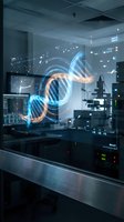 Futuristic DNA double helix hologram floating in modern laboratory with advanced equipment and glowing blue light effects for biotechnology research.