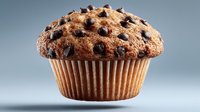 Freshly baked chocolate chip muffin with golden brown top and paper liner isolated on gradient background for bakery and dessert marketing materials.
