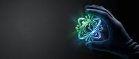 Hand protecting glowing green virus with blue energy rings on dark background. Cybersecurity, data protection, antivirus software concept for technology designs.