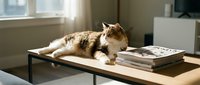 Tabby and white cat lounging on wooden desk with stacked magazines by window in bright office space.