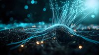 Glowing blue fiber optic strands emerge from dark surface with bokeh light effects in background creating futuristic technology concept for network communications.