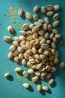 Fresh roasted pistachios scattered on turquoise background with natural shadows and crushed nuts creating dynamic food composition perfect for healthy snack advertising or menu design.