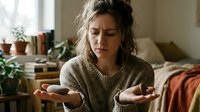 Young woman with curly hair sitting indoors looking confused and frustrated, gesturing with open palms in questioning manner. Cozy home interior background.