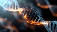 Glowing DNA strand with binary code sequence on dark background, genetic data visualization showing digital transformation of genomic information.