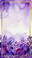 Watercolor purple and lavender ink wash background with ornamental foliage silhouettes and gold frame border, suitable for invitations, greeting cards, and design templates.