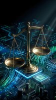 Brass scales of justice balanced on illuminated circuit board with glowing blue and green digital pathways, representing legal technology, cybersecurity law, and digital regulation compliance.