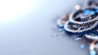 Metallic gears and mechanical parts with blue tint on blurred background, macro photography showing industrial machinery components with selective focus.
