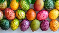 Colorful tropical passion fruits in rows showing variety of ripeness stages and natural patterns on white background, fresh organic exotic produce.