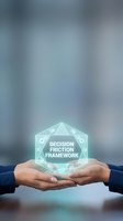 Business professional hands holding glowing holographic decision friction framework polygon with icons for strategic planning and problem-solving concepts.