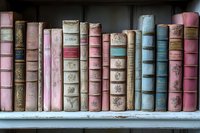 Row of vintage antique books in pastel pink and blue colors with ornate spines arranged on white wooden shelf, creating nostalgic library atmosphere.