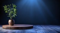 Green plant in clay pot on wooden round board against dark blue background with dramatic lighting and rustic wooden table surface.