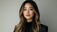 Young Asian woman with highlighted balayage hair wearing black turtleneck against neutral background. Professional portrait with natural makeup and confident expression.