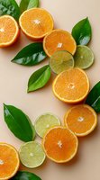 Fresh orange and lime slices arranged with green leaves on beige background, top view composition for healthy lifestyle and vitamin C concept.