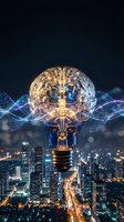 Glowing brain inside lightbulb with digital waves over city skyline at night representing artificial intelligence innovation and creative thinking concepts.