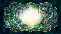 Enchanted forest frame with glowing magical path, lush green trees, fireflies, and mystical light, watercolor style, for cards and invitations.