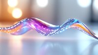 Luminous flowing wave with vibrant purple and orange gradient colors against blurred background, glowing particles create magical light trail effect.
