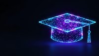Glowing graduation cap made of connected dots and lines on dark background. Digital education technology concept for academic achievement and learning.