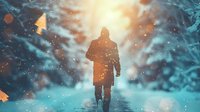 Silhouette of person walking alone through snowy winter forest path with magical sunlight and glowing particles creating mystical atmosphere in nature.