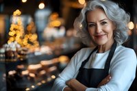 Confident mature Caucasian female chef with silver hair smiling in professional kitchen with warm bokeh lights background for culinary business branding.