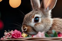 Close up portrait of brown bunny with bright blue eyes among pink flowers against dark background with bokeh lights, showing detailed fur texture and whiskers.