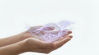 Cupped hands holding glowing purple energy waves with flowing light streams, representing healing power, spiritual energy, and mystical forces for wellness concepts.