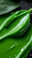 Fresh green aloe vera leaf with water drops in macro view showing natural gel texture and moisturizing properties for skincare and cosmetic products.