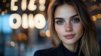 Young Caucasian woman with blue eyes and gentle smile against blurred bokeh lights background. Natural makeup, long blonde hair, wearing black top. Soft evening lighting.