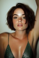 Young woman with short dark hair and freckles wearing green sparkly top in atmospheric portrait with natural lighting and soft shadows. Close-up beauty shot.