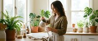 Young woman watering houseplants in bright kitchen with natural light. Indoor gardening and plant care routine at home with green foliage and terracotta pots.