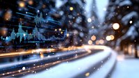 Abstract financial data visualization with glowing light trails and stock market graphs on blurred winter background with bokeh and snow effects. Digital economy concept.