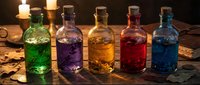 Colorful glass bottles with magical potions in green, purple, orange, red and blue liquids on wooden table with candles and old papers for fantasy games.