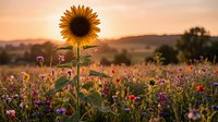 Single sunflower stands tall in colorful wildflower meadow during golden hour sunset with warm orange sky and rolling hills in background.