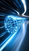 Glowing blue digital tunnel with binary code stream and light trails creating dynamic motion effect, representing data transfer and cyber security concept.