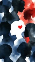 Silhouettes of diverse faces in blue and red tones with white profile highlighting heart symbol, representing unity, love and social connection in community.