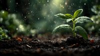 Young green plant seedling growing from rich dark soil with water droplets falling in soft natural light representing new life growth and environmental care.