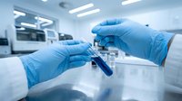 Laboratory technician hands in blue gloves handling test tube sample in modern medical research facility for scientific analysis and diagnostics.