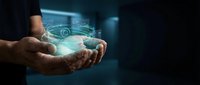 Hands holding digital car hologram with glowing circuit lines and technology interface for automotive innovation and smart vehicle concepts.