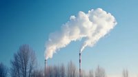 Tall industrial chimneys emit white steam against clear blue winter sky, with bare trees silhouetted in foreground, capturing environmental and industrial themes.