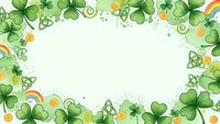 St. Patrick's Day frame with green shamrocks, four-leaf clovers, gold coins and rainbow decorations on light background for festive designs.