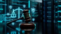 Wooden gavel with glowing scale and shield icons on digital background, representing cybersecurity law, legal compliance, and digital justice for technology and regulatory concepts.