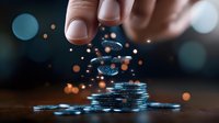 Glowing magical coins stacked with sparkles and particles floating in dark atmosphere, hand reaching to touch mystical money pile with blue and orange bokeh effects.