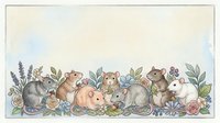 Adorable hamsters and mice gathering among lavender flowers and botanical elements on cream background for greeting cards and nursery decor.